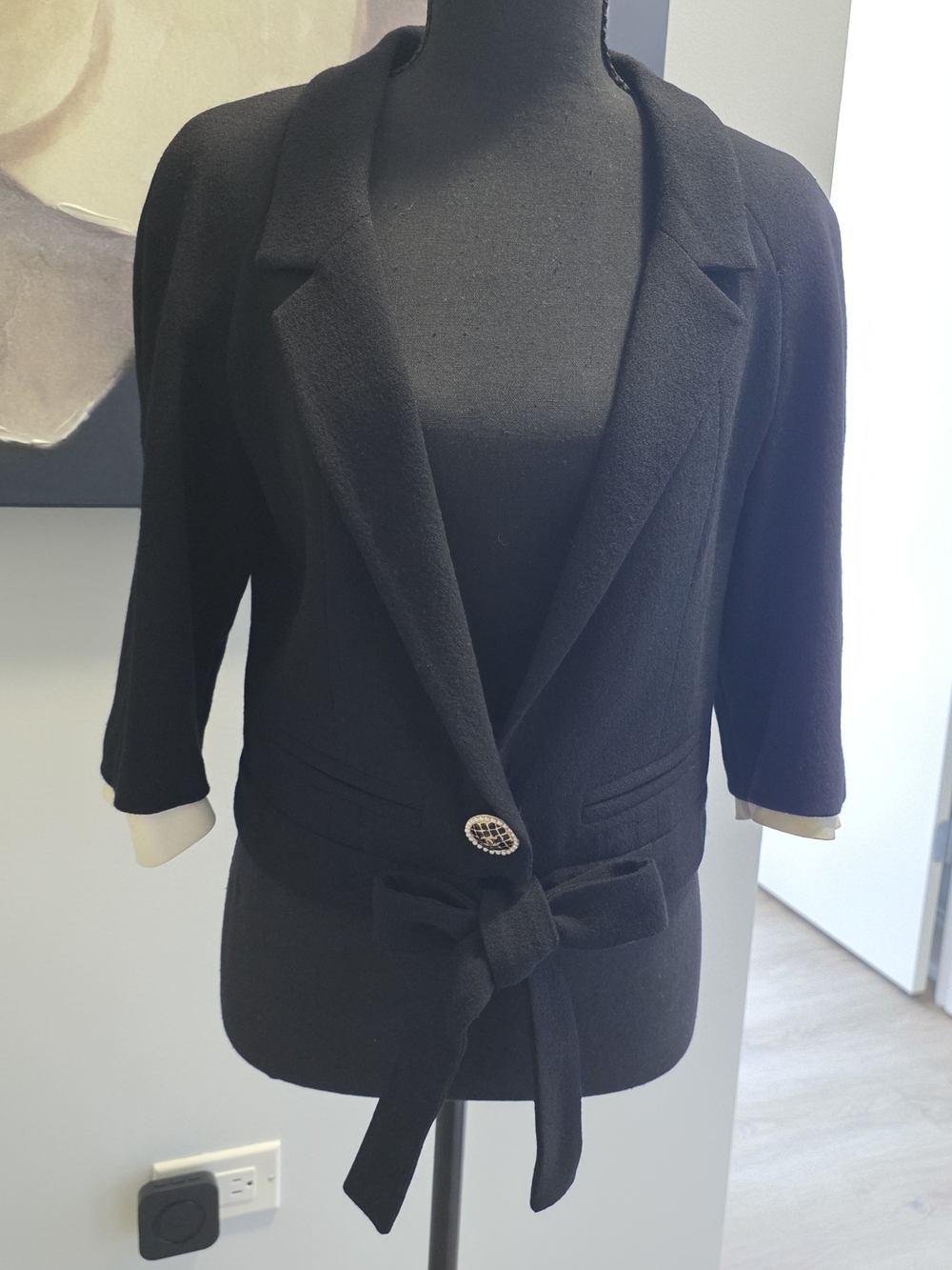 CHANEL Vintage Black Tie-Waist Blazer Jacket with Decorative Button